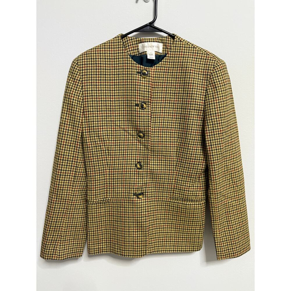 Jones New York M 8 Wool Blazer Jacket Coat Houndstooth Camel 100% Pure Wool